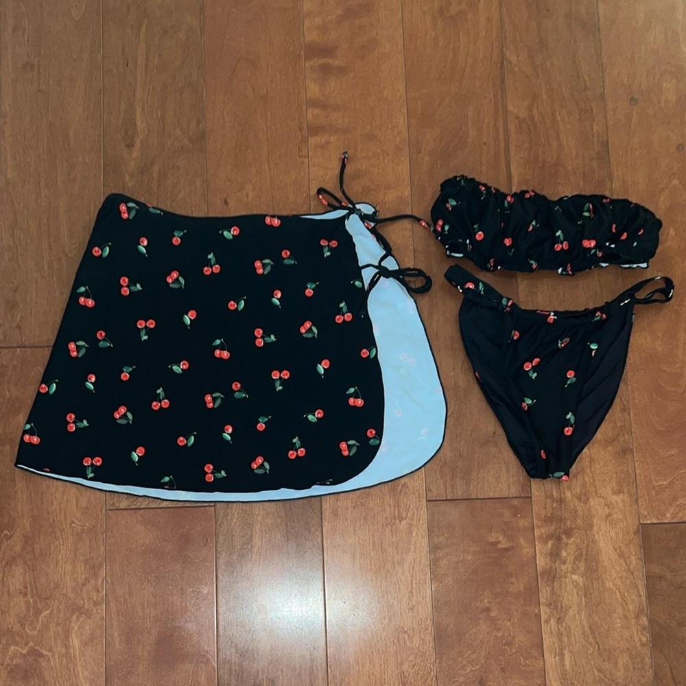 WeWoreWhat Black Cherry Bikini Set with Skirt